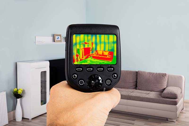 The hand of one of our home inspectors using a thermal imaging camera in a living room.